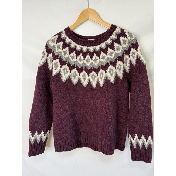 LL Bean Sweater Womens M BURGUNDY  Roll Neck Ragg Lambs Wool Fair Isle Nordic - Picture 1 of 14